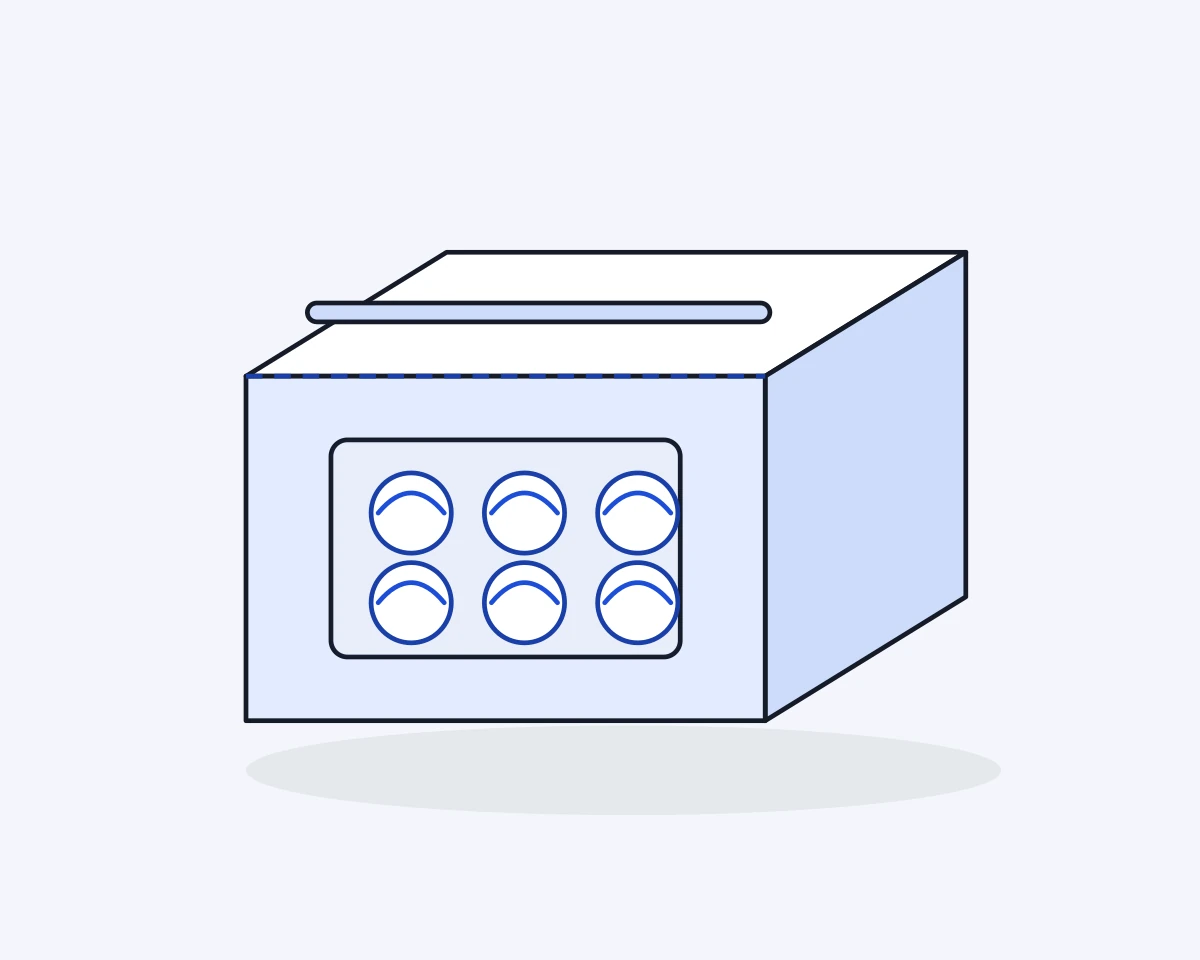 A drawing of a cake box with a window in the front and a six cavity insert behind it