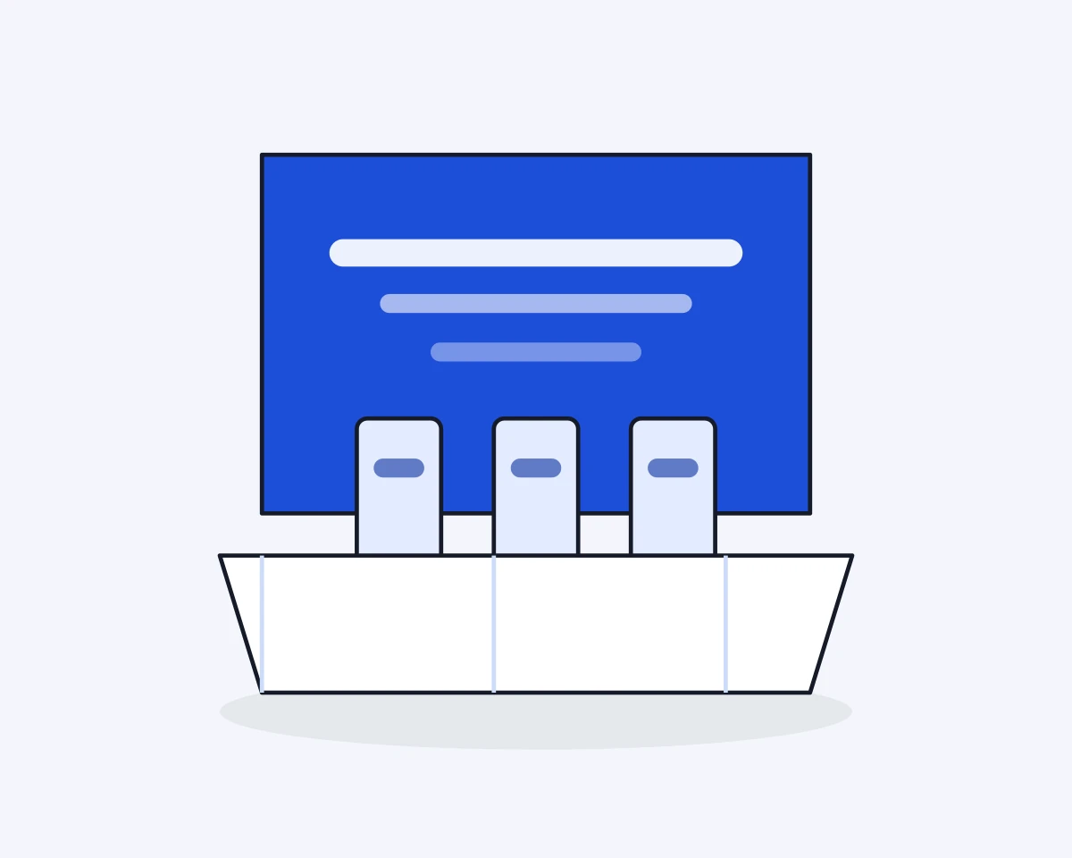 A drawing of a counter display with a printed riser behind a tray holding three products