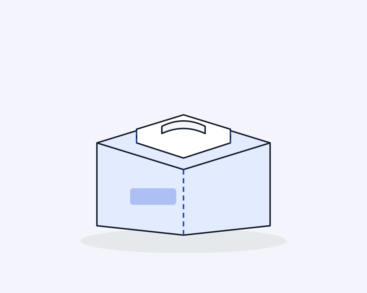A drawing of a gable box with the two roof panels folded over and a handle punched through them