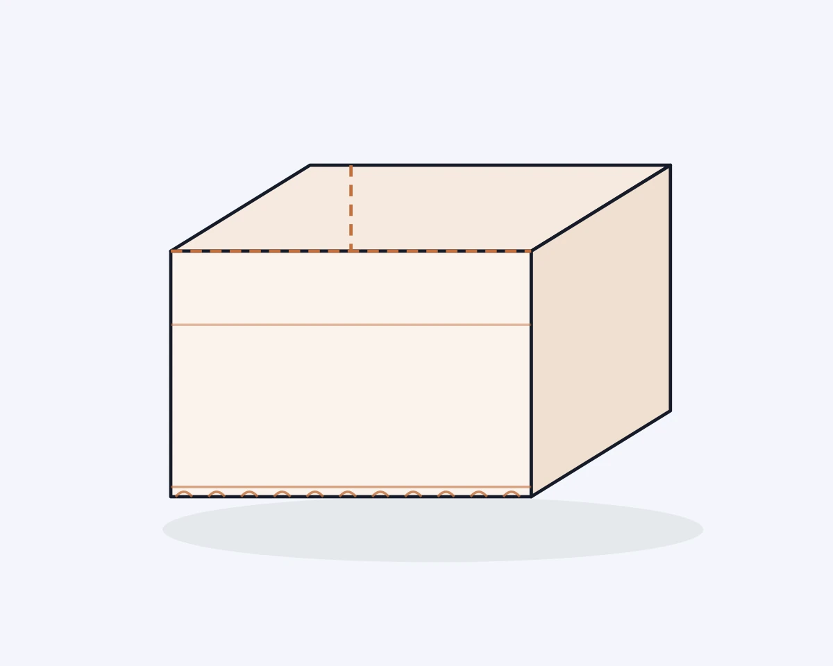 A drawing of an open kraft shipping carton with its cut edge showing the corrugated flute
