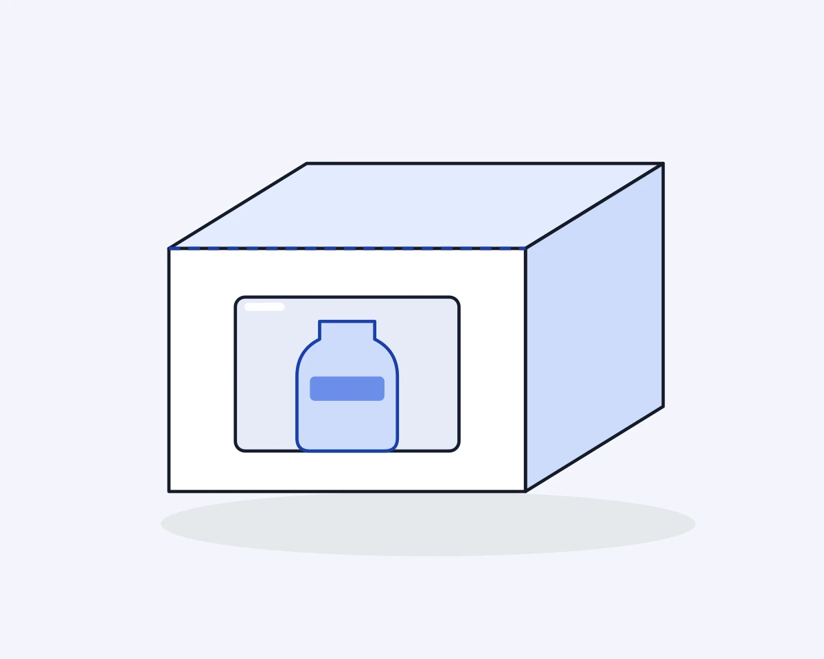 A drawing of a printed carton with a rectangular window cut into the front, showing a bottle inside