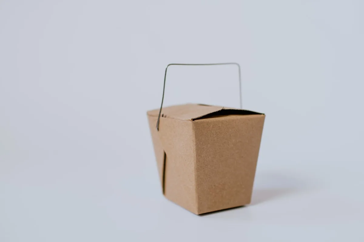 A plain kraft box with a folded top and a wire carry handle