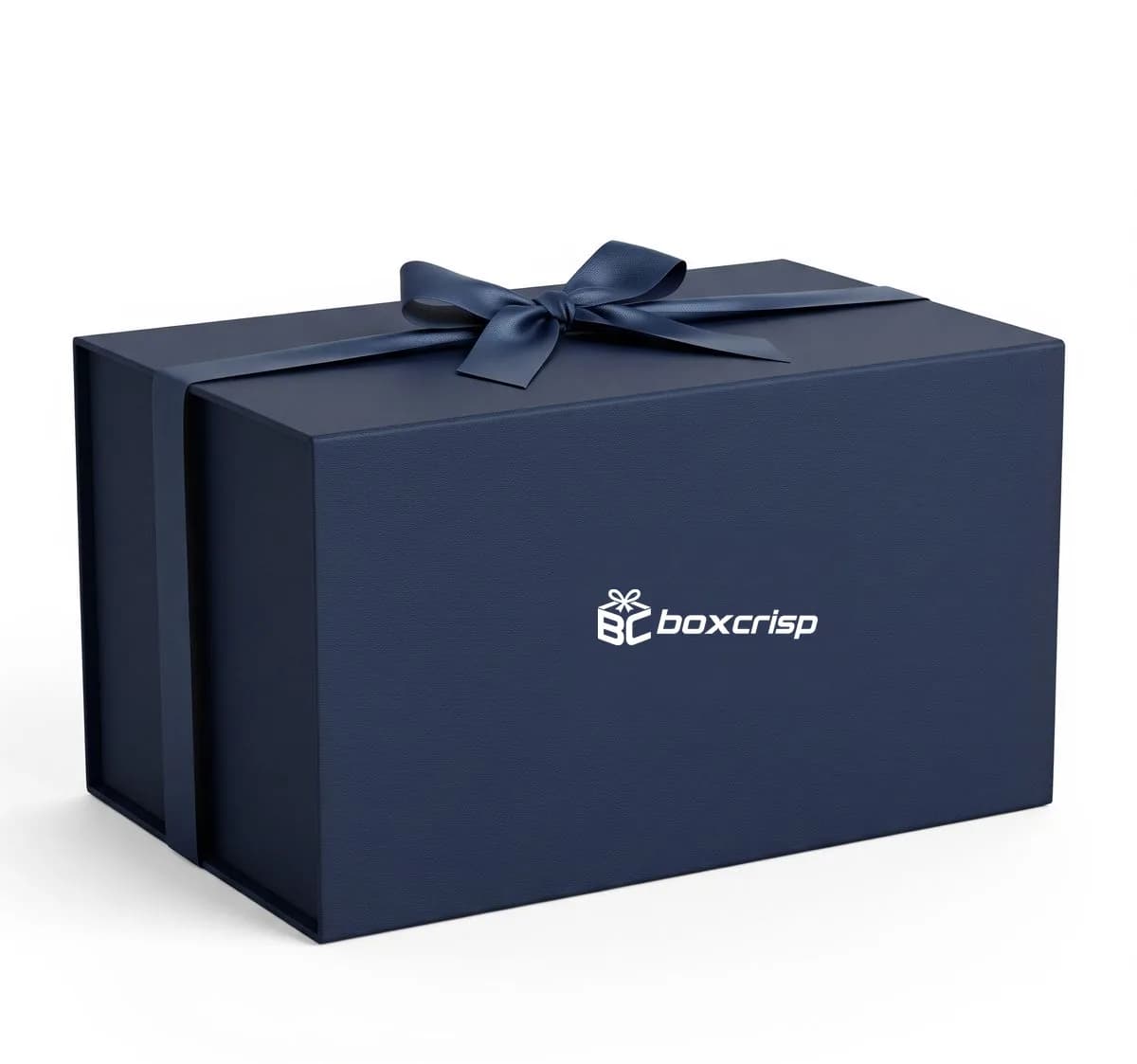 A navy magnetic closure gift box printed with the BoxCrisp logo and tied with a ribbon