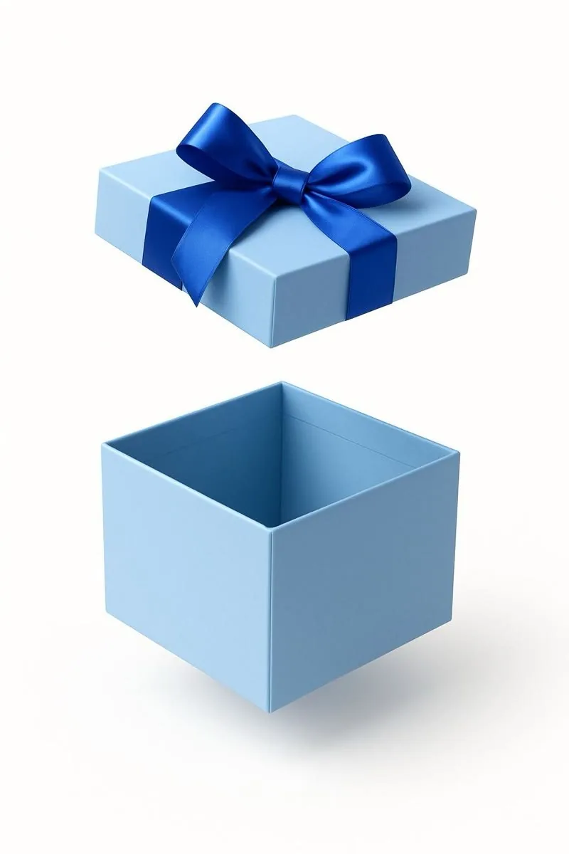 A pale blue two piece gift box with the ribboned lid lifted away from the base