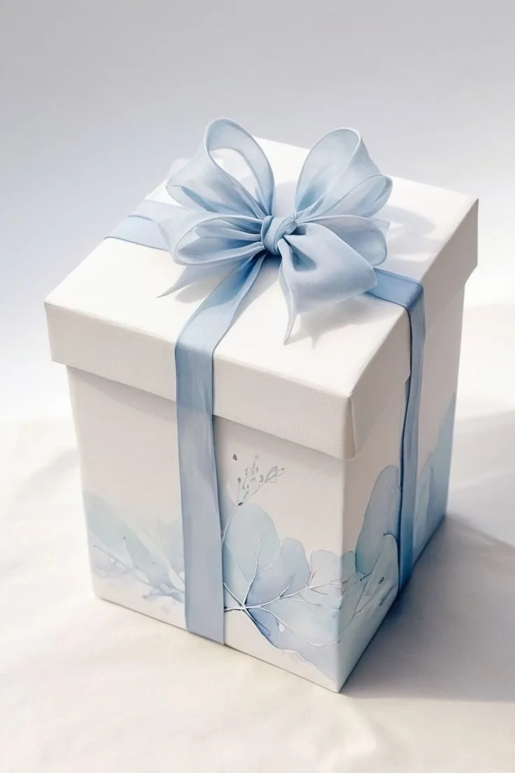 A white lift off lid gift box printed with a pale blue watercolour pattern and tied with a blue satin bow
