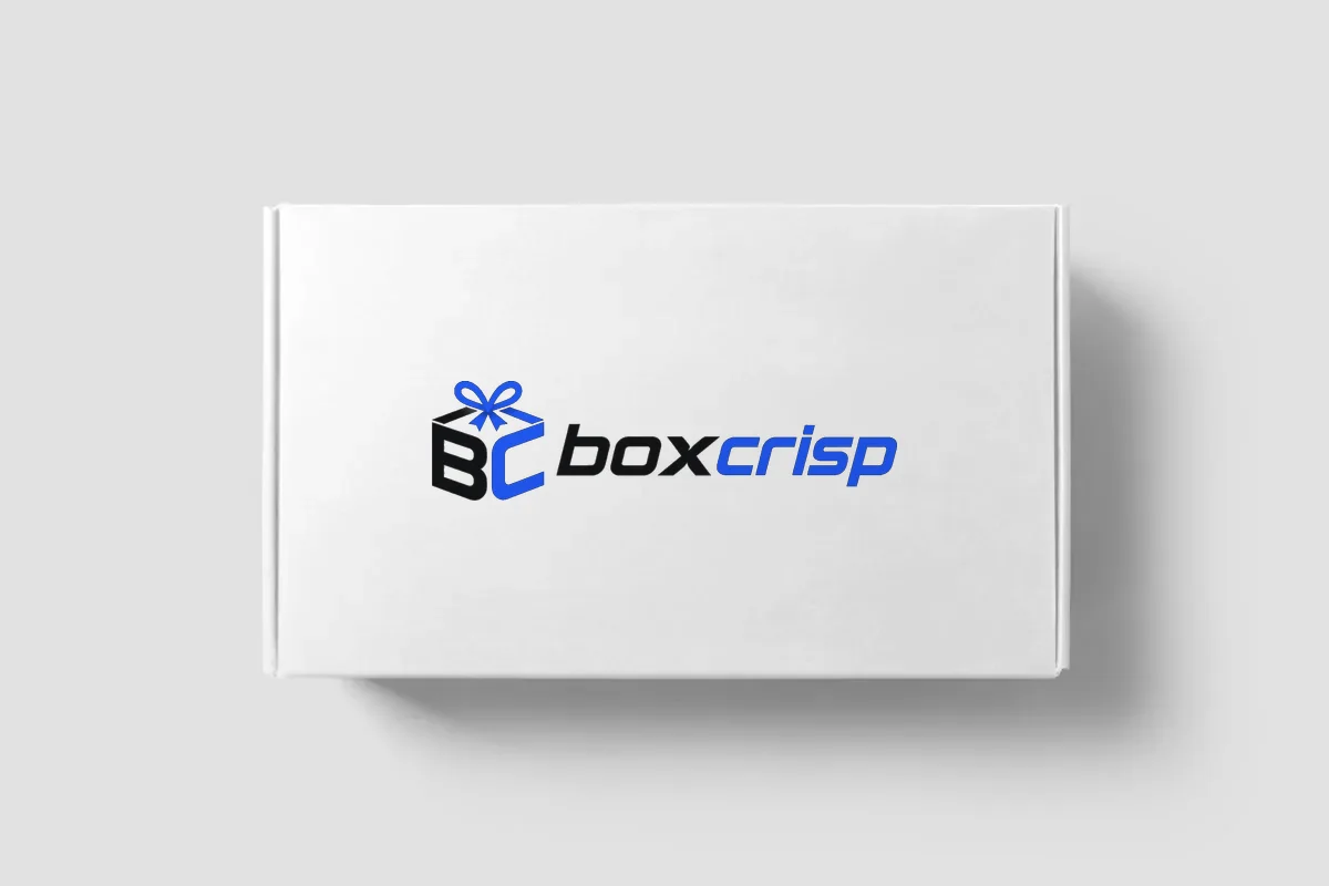 Mockup of a white mailer box printed with the BoxCrisp logo, photographed from above