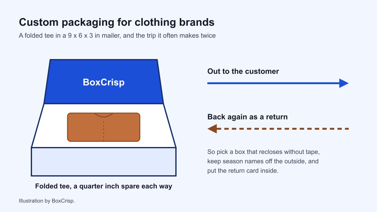 Drawn custom packaging for clothing brands: a folded shirt in a printed mailer box