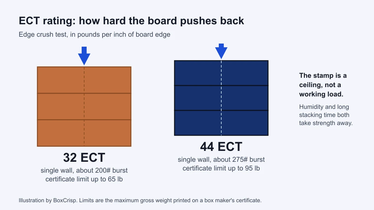 ECT rating illustration comparing a 32 ECT and a 44 ECT box stack and their certificate weight limits
