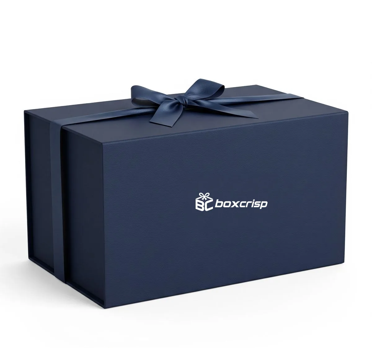 A navy magnetic closure gift box printed with the BoxCrisp logo and tied with a ribbon