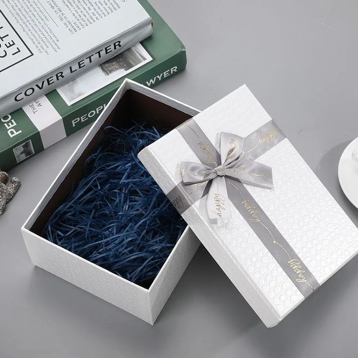 White lid box with navy shred, the kind of box you measure from the inside