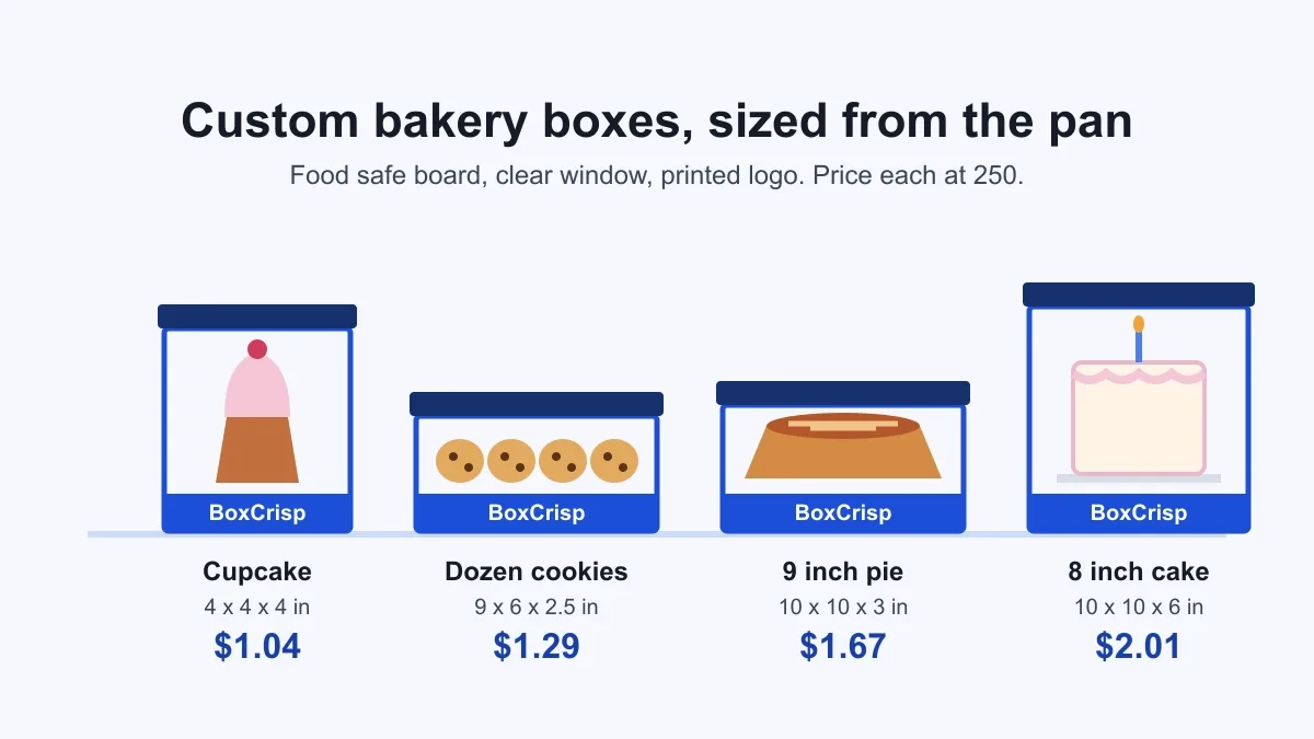 Custom bakery boxes with clear windows showing a cupcake, a dozen cookies, a pie and an iced cake, each with its size and price at 250