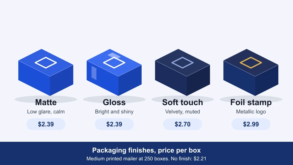 Packaging finishes compared on four mailer boxes: matte, gloss, soft touch and foil, with the price per box at 250