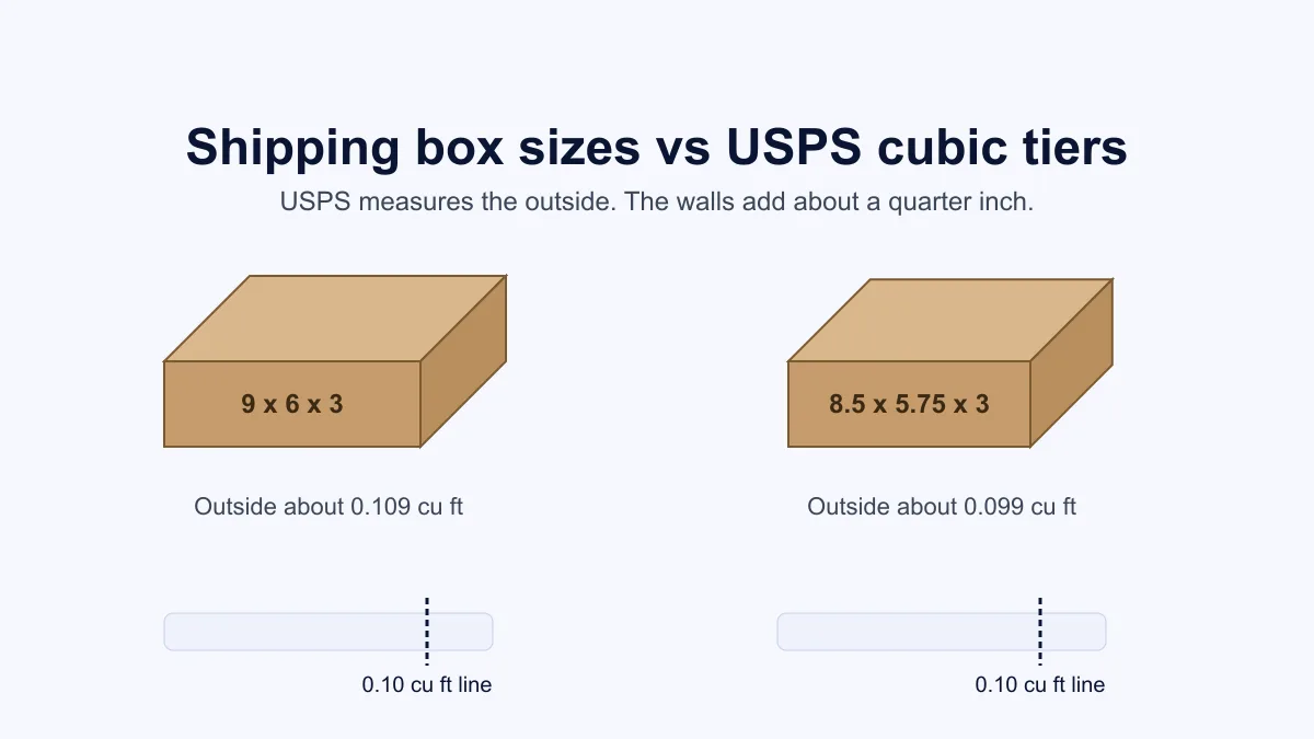 Shipping box sizes compared against USPS cubic tiers, a 9 x 6 x 3 box crossing the 0.10 line and an 8.5 x 5.75 x 3 box staying under it