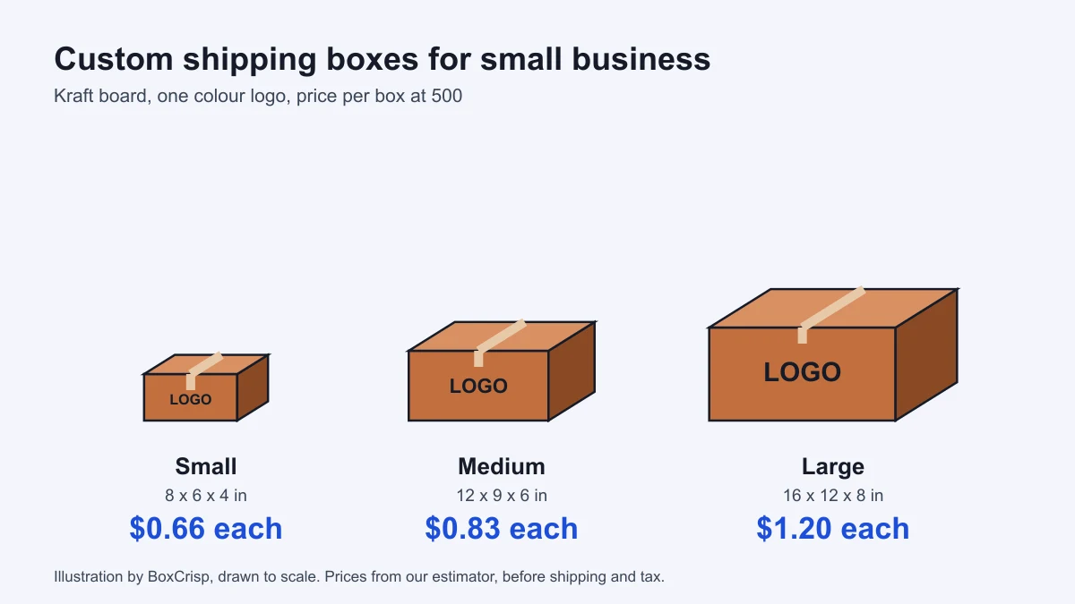 Custom shipping boxes for small business drawn in three sizes, with the price each at 500 boxes