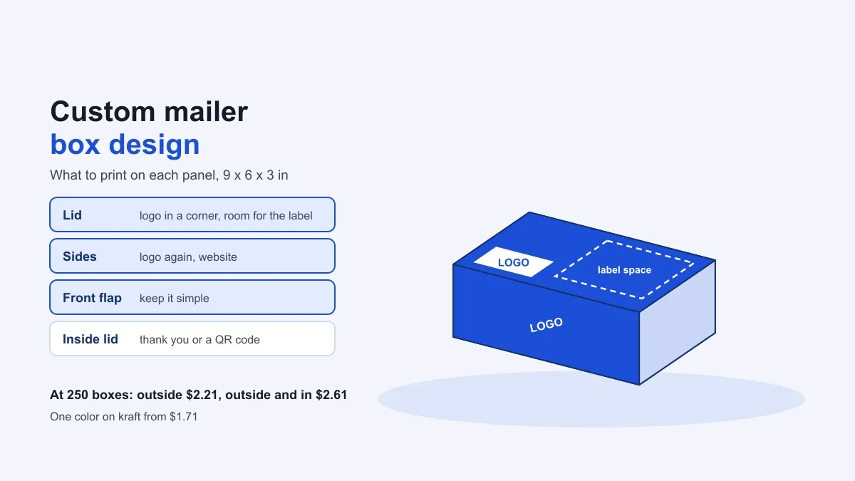 Custom mailer box design shown panel by panel, a blue mailer opening to reveal a printed inside lid