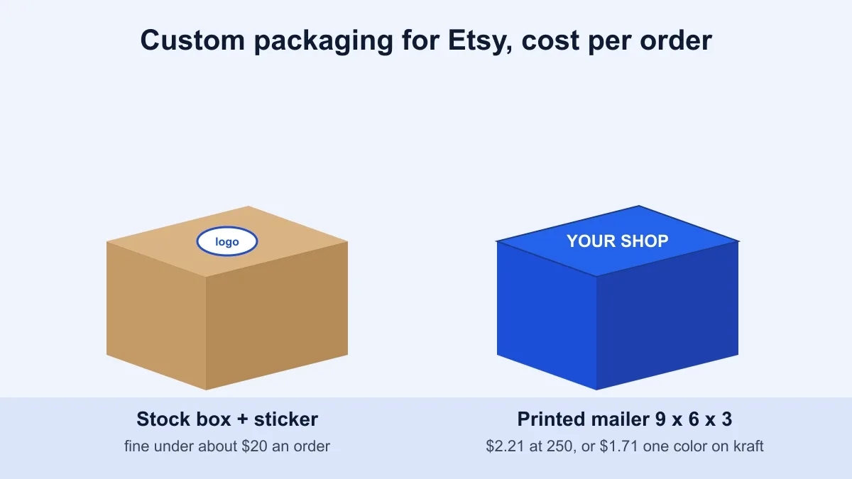 Custom packaging for Etsy: a stock box with a sticker beside a printed mailer, with the cost per order for each
