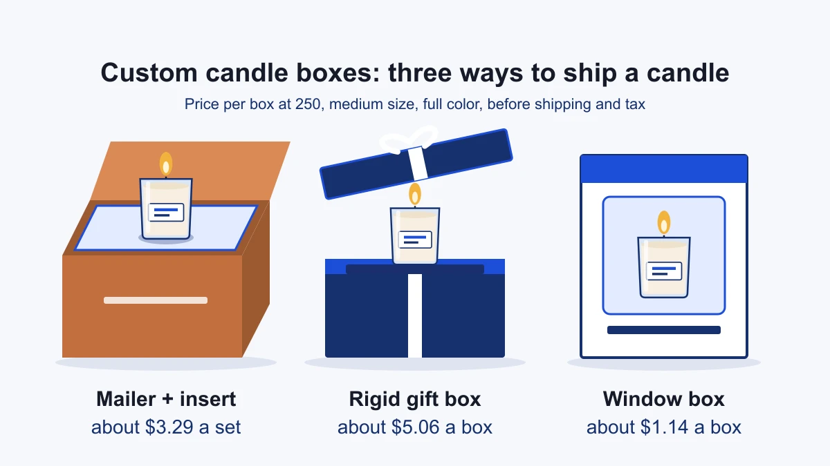 Custom candle boxes compared: a lit candle in a kraft mailer insert, a navy rigid gift box and a window box, with the price per box at 250